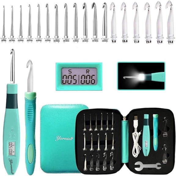 Yarniss 18 Size Counting Crochet Hooks with Light, Digital Counter Crochet Hooks Set with Case (2.0mm~14.0mm)