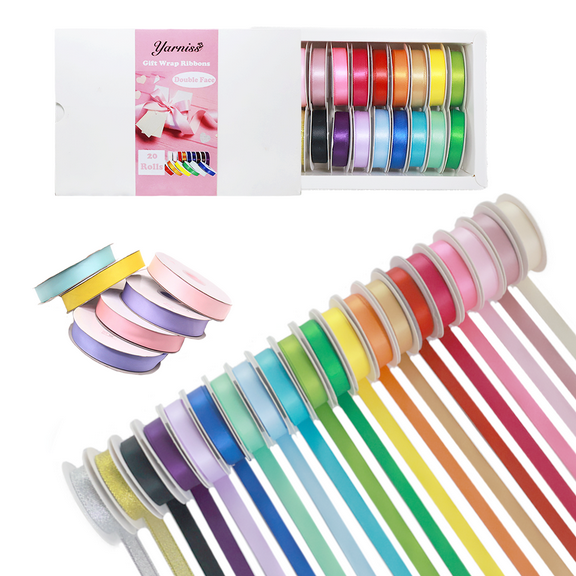 Yarniss Satin Ribbon Roll, 3/8 Inch, Double Faced Polyester, 20 Rolls, 100 Yards, for Crafts & Gift Wrapping