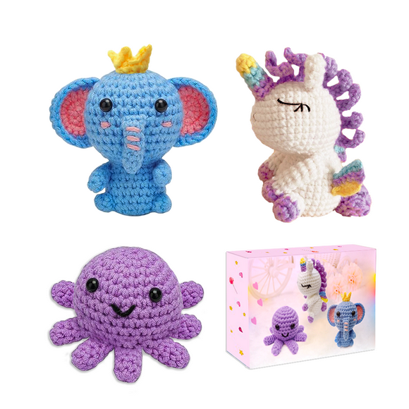Yarniss Beginner Crochet Kit, Crochet Animal Kit for Unicorn,Octopuses, Elephant