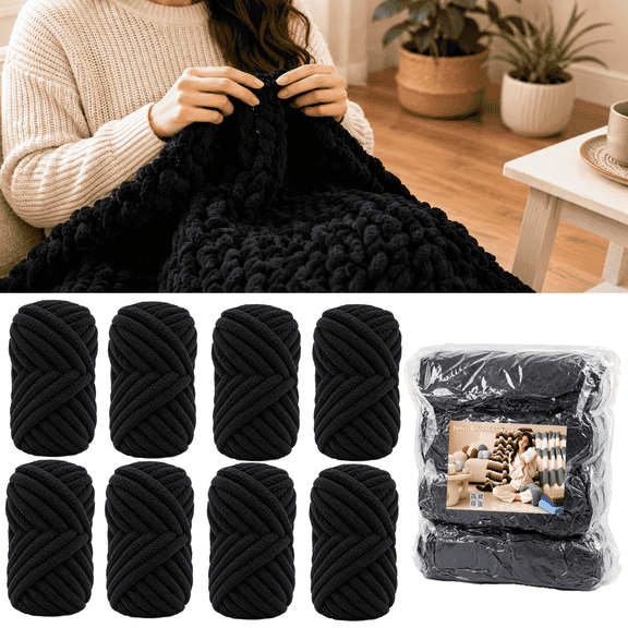 Yarniss Chunky Yarn, 8 Pack Chunky Chenille Yarn for Hand Knitting & Crocheting, Soft Blanket Yarn, 27.34Yds/8.71oz, Black