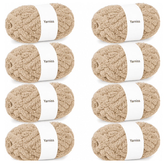 Yarniss Chenille Chunky Yarn for Hand Knitting, Thick Yarn Chunky Blanket, 8 Pack 27.34Yds/8.71oz, Khaki