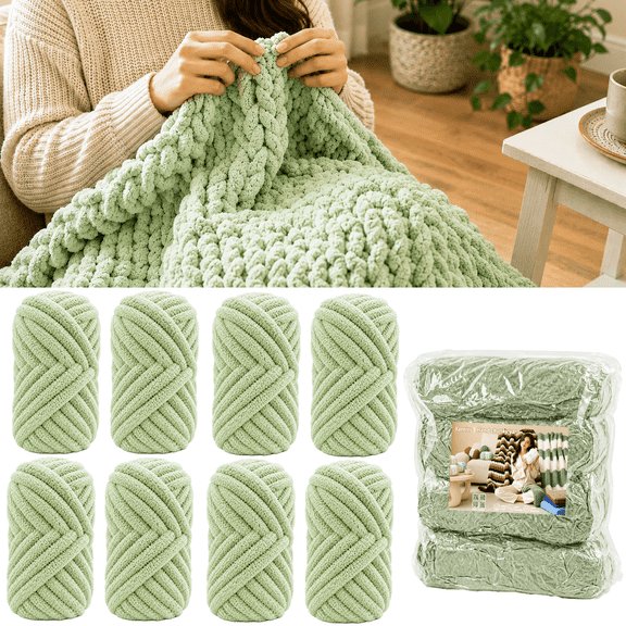 Yarniss Bulky Chenille Yarn 8 Pack, #10 Jumbo Yarn for Knitting & Crocheting, Soft Fluffy Yarn for Blankets & DIY Gifts, 27.34Yds/8.71oz, Green