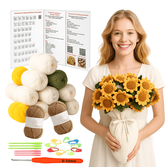 Yarniss Crochet Kits for Sunflower Blanket with Yarn & Hooks,Step-by-Step Video Tutorial, Easy Floral Blanket Making Kit