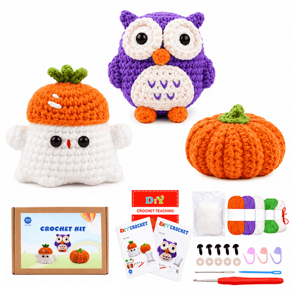 Yarniss Crochet Kit for Beginners-3 Pcs Halloween Crochet Kit Animal Crochet Kit with Little Pumpkin, Little Ghost and Owl-Crochet Kits for Adults Beginner with Video Tutorials