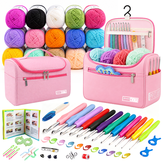 Yarniss Crochet Kits for Beginners,First Crochet Kits with 840 Yards Crochet Yarn & 12 Size Ergonomic Crochet Hooks,Easy Crochet Kits with Step by Step Instruction,Pink