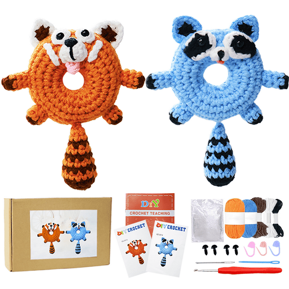 Yarniss Crochet Kit for Beginner,2 Pcs Donut DIY Crochet Animanl Kit for Panda and Raccoon,Crochet Amigurumi Kit with Step-by-Step Video Tutorials
