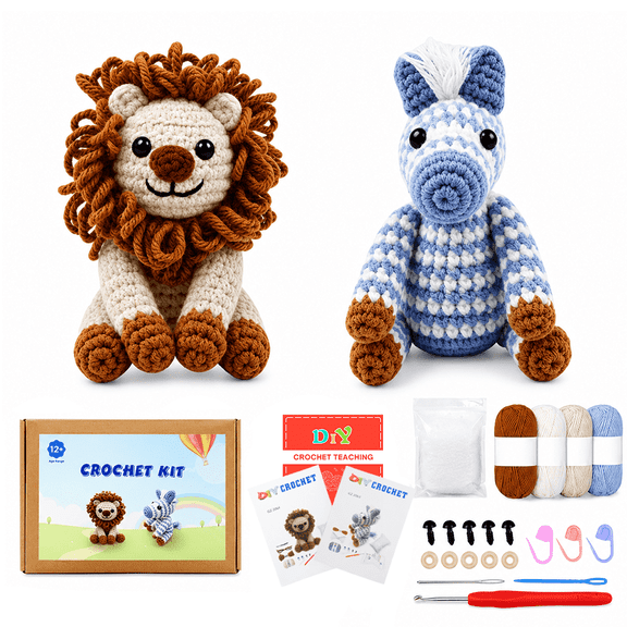 Yarniss Crochet Kit for Beginners,DIY Crochet Animal Kits for Lion, Zebra