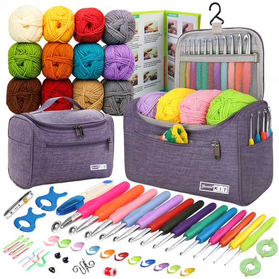 Yarniss Crochet Kits for Beginners with Instruction, All-Inclusive Crochet Set Include 840 Yards Yarn&12 Sizes Crochet Hooks, Crocheting Kit for Adult with Bag,Purple