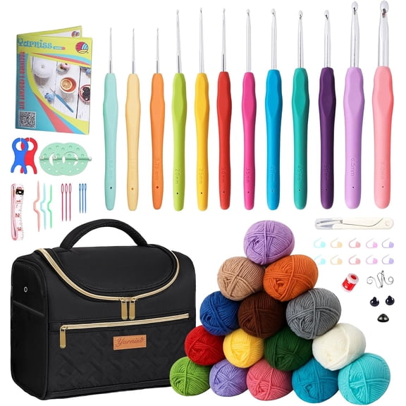 Yarniss Crochet Kit for Beginners with a Crochet Instruction,12 Ergoromic Crochet Hooks,15 Assorted Colors Yarn Balls and Crochet Accessories Set