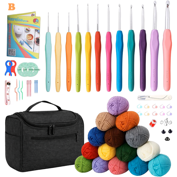 Yarniss Crochet Kit for Beginners with a Crochet Instruction,12 Ergoromic Crochet Hooks,15 Assorted Colors Yarn Balls and Crochet Accessories Set