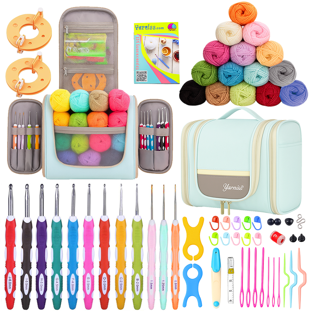 Yarniss Crochet Kits with Case, Beginner Crochet Set Includes 1050 Yards Crochet Yarn & 12 Size Ergonomic Crochet Hooks,Mint