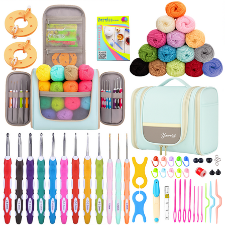 Yarniss Crochet Kits with Case, Beginner Crochet Set Includes 18 Yarn Skeins & 12 Ergonomic Crochet Hooks