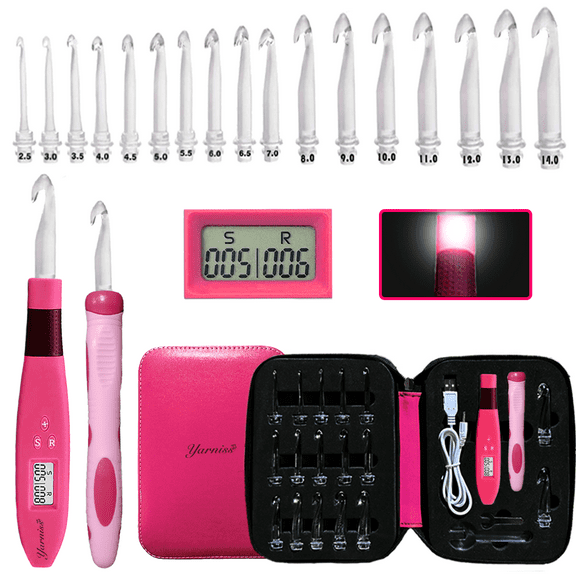 Yarniss Crochet Hooks Set with Digital Counter, 17 Sizes Light Up Crochet Hooks 2.5mm-14.0mm