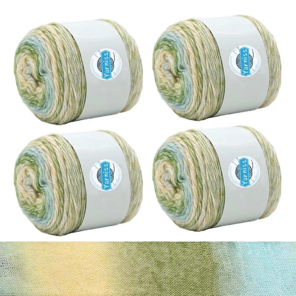 Yarniss Gradient Cake Yarn for Crocheting,Vibrant Cake Yarns 4 ×100g(3.52 oz),Soft Rainbw Cotton Yarn for Knitting-Green Gradient