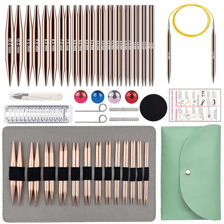 KoovDem Interchangeable Circular Knitting Needles Set - 13 Pairs | Premium Aluminum Needles & Accessories | Rose Gold