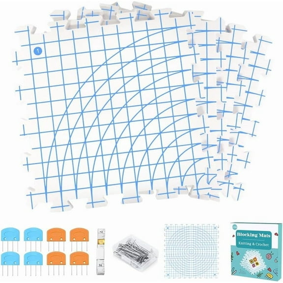 Yarniss Blocking Mats for Knitting with Circular Gridlines 12.6“x12.6”, Double-Sided Crochet Blocking Board Set Includes 50 T-Pins & 8 Combs,4 Packs