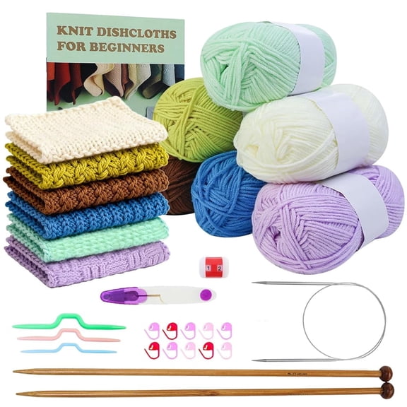 Yarniss Knitting Kit for Beginners,Learn to Knit Kit for 6 Patterns Dishcloth with Step-by-Step Instruction,Complete Knit Starter Kit -Including Yarn, Knitting Needle&Accessories