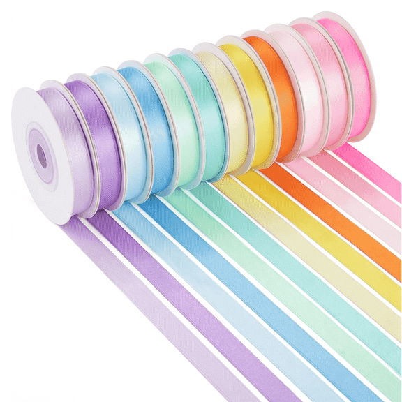 Yarniss Satin Ribbon Assortment, 3/8 Inch x 10 Yards per Roll (120 Yards Total), for Crafts, Gift Wrapping, Hair Bows, Party Decoration 12 Pastel Macaron Colors.