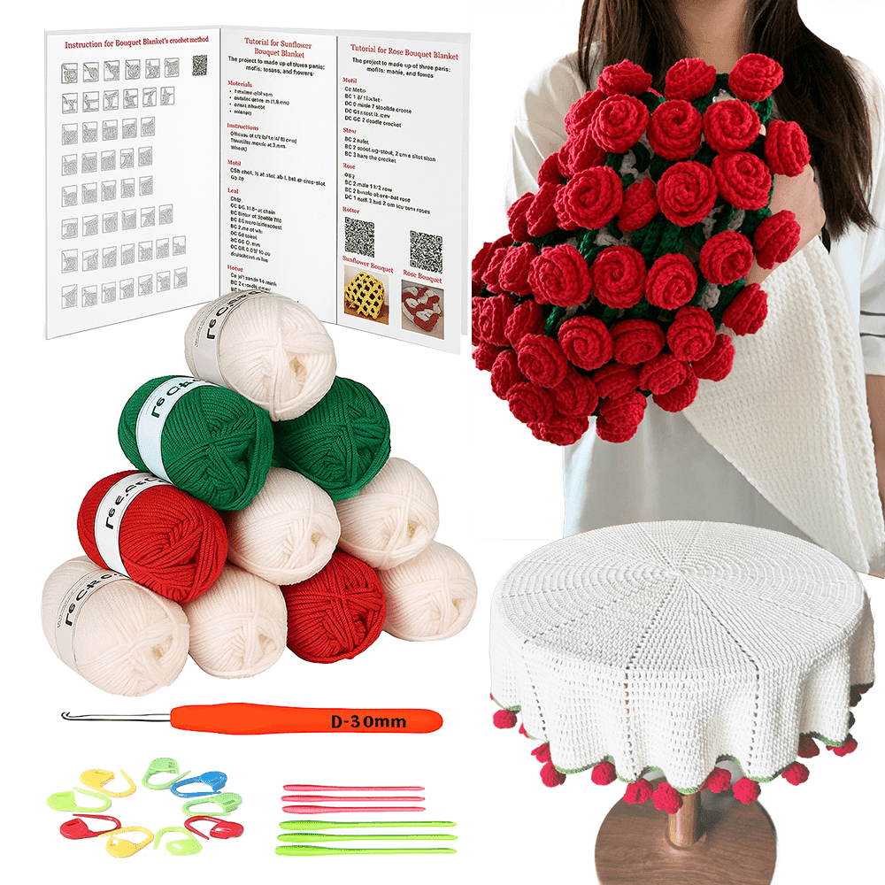 Yarniss Crochet Blanket Kit for Beginners with Instruction & Video Tutorial, Floral Pattern, 70 cm