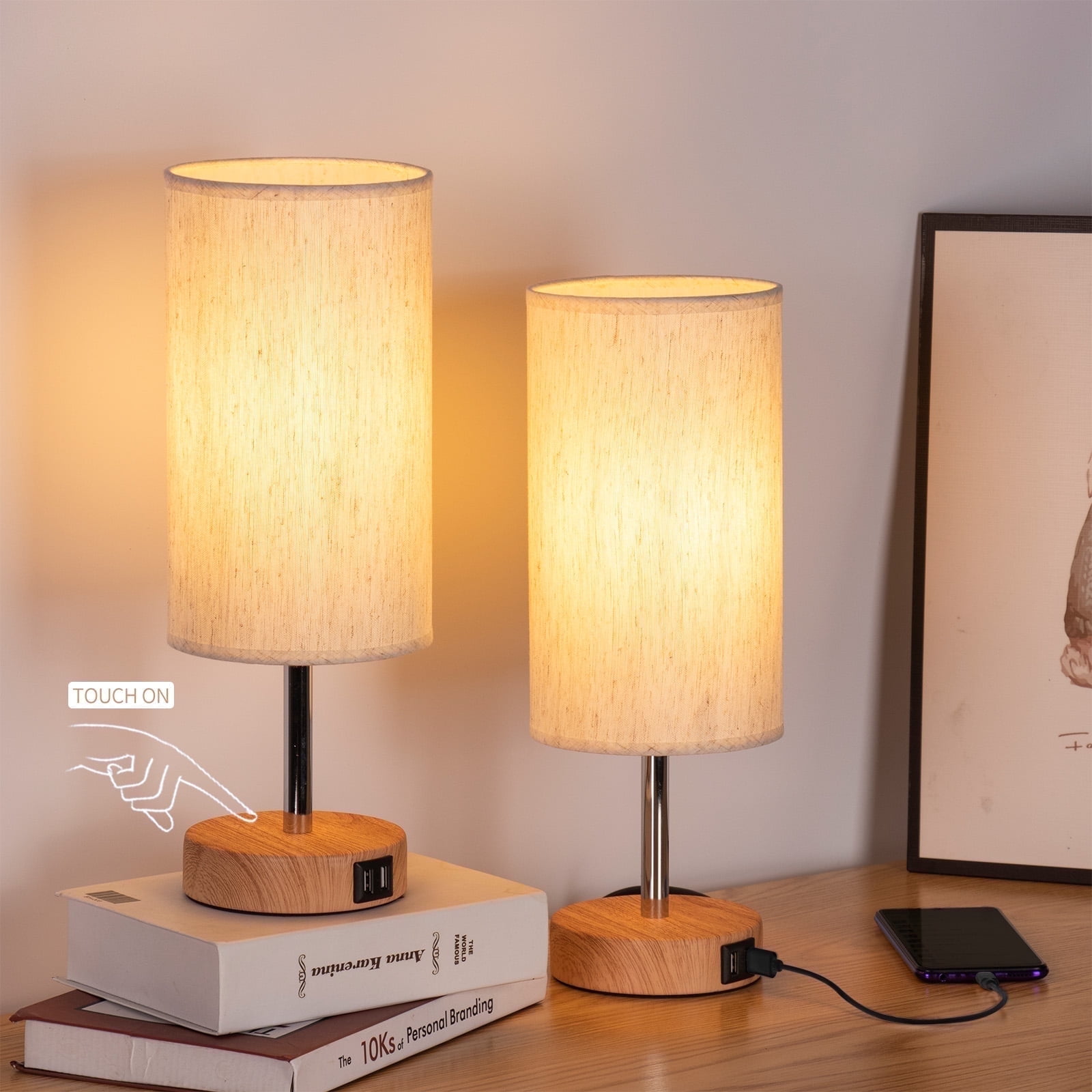 Yarra-Decor Bedside Lamps Set of 2 with USB Charging Ports - Touch Control Table Lamp for Bedroom Wood 3 Way Dimmable Nightstand Lamp with Round Flaxen Fabric Shade for Living Room,Dorm,Office