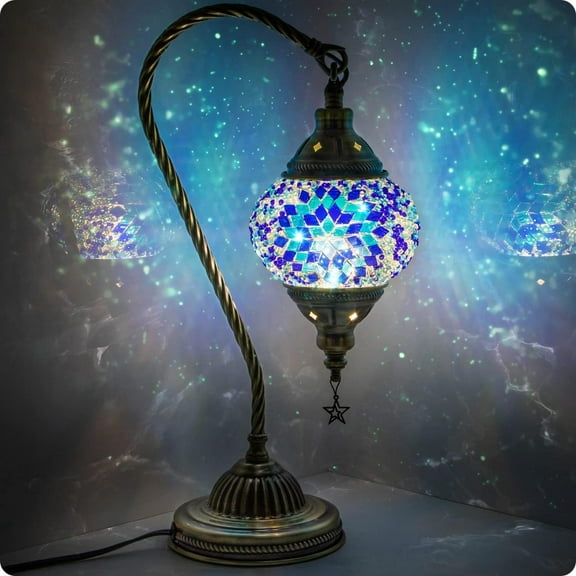 Yarra-Decor Turkish Moroccan Lamp with Bronze Base 3 Color Options Handmade Swan Neck Tiffany Mosaic Glass Bedside Lamps for Bedroom (LED Bulb Included)(4)