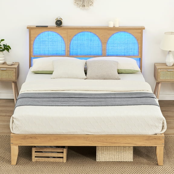 Yartaka 12.4 Inch Deluxe Solid Wood Full Size Bed Frame with LED Lights & Curved Rattan Headboard & Wooden Support Legs, Modern Platform Bed Frame, No Box Spring Needed, Easy Assembly