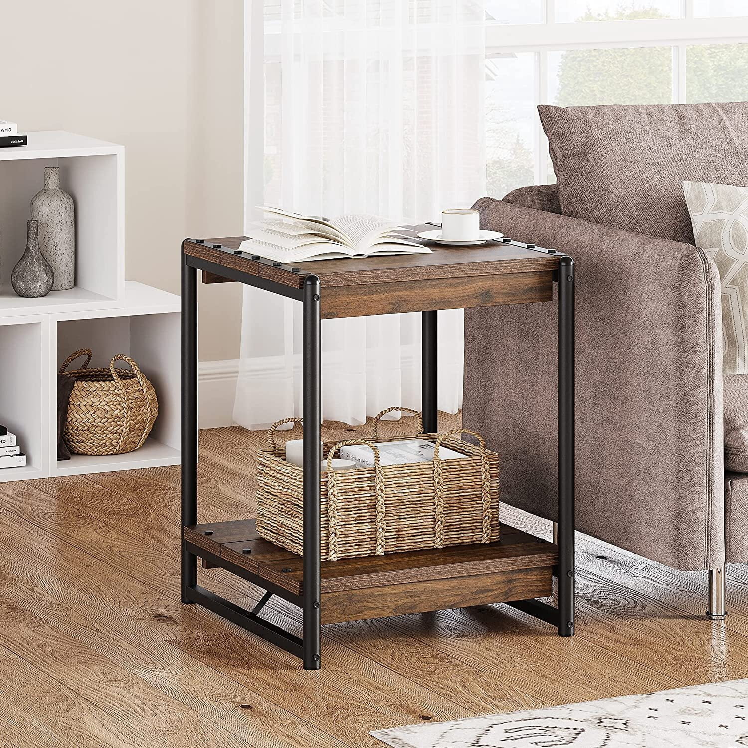 Yartaka 19.6" Square Side Table & Farmhouse End Table w Storage Shelf ...
