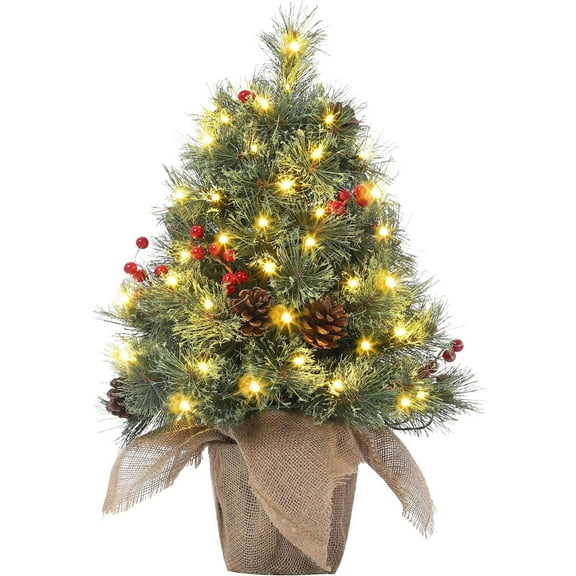 Yartaka 2ft Mini Pre-Lit Christmas Tree with 50 LED Lights, Burlap Base Artificial Pine Needle Tabletop Christmas Tree with Pine Cones & Red Berries for Indoor Xmas Holiday Decorations, Green