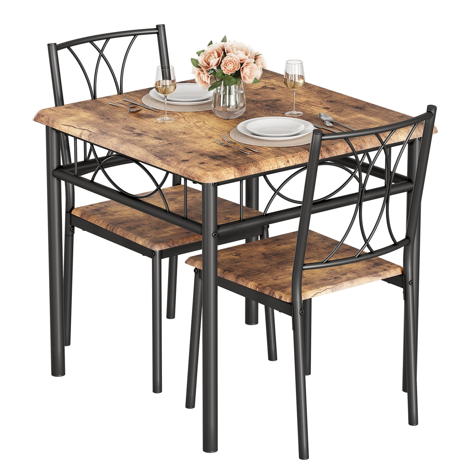 Yartaka 3Piece Indoor Metal Wood Square Dining Table, Furniture Set w