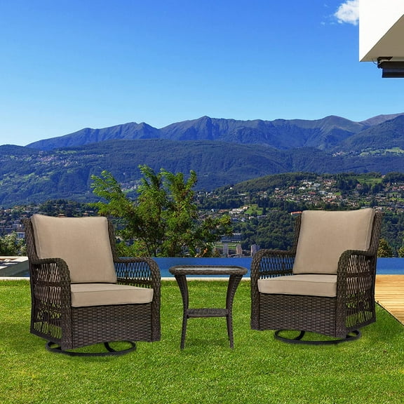 Yartaka 3 Piece Outdoor Modern Bistro Set, Wicker Conversation Set, Swivel Rocker Patio Rattan Chair Set, Patio Furniture Set with Coffee Table, Garden Balcony Backyard Poolside (Beige)