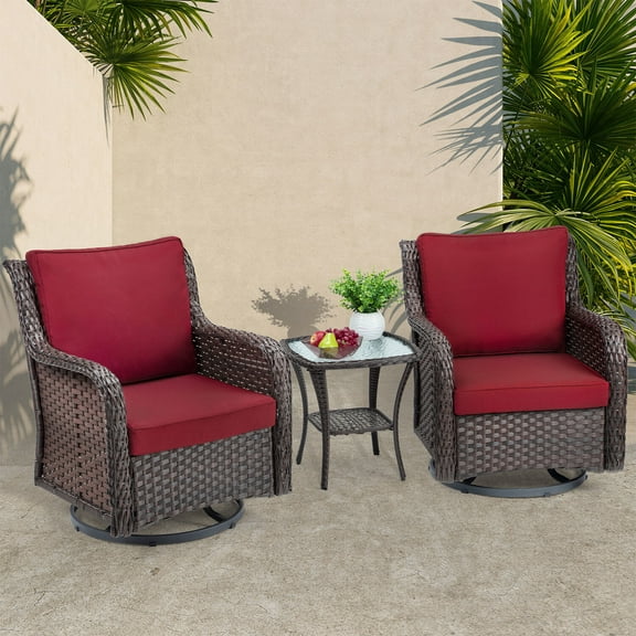 Yartaka 3 Pieces Patio Conversation Set PE Rattan Wicker Chairs Outdoor Furniture Set, Red