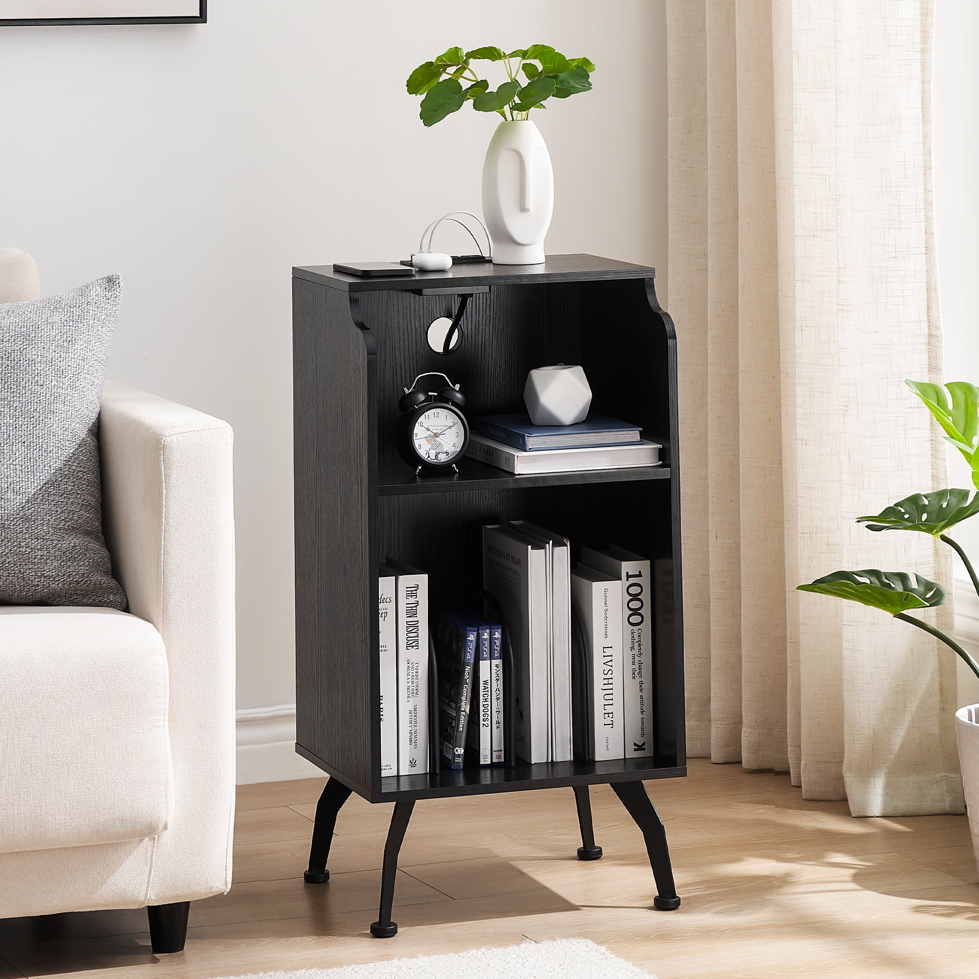 Yartaka 3Tier End Side Table with Charging Station, Narrow Wooden End