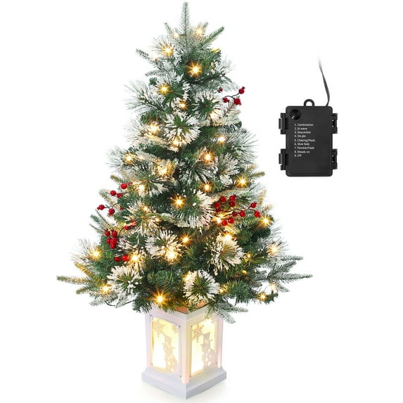 Yartaka 3 ft 8 Mode Pre-lit Artificial Mini Christmas Tree with Lighting Snowman Base, Green