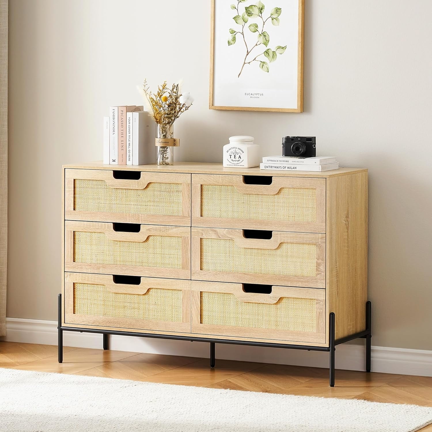 Oak and Rattan 6-Drawer Dresser with Iron Legs