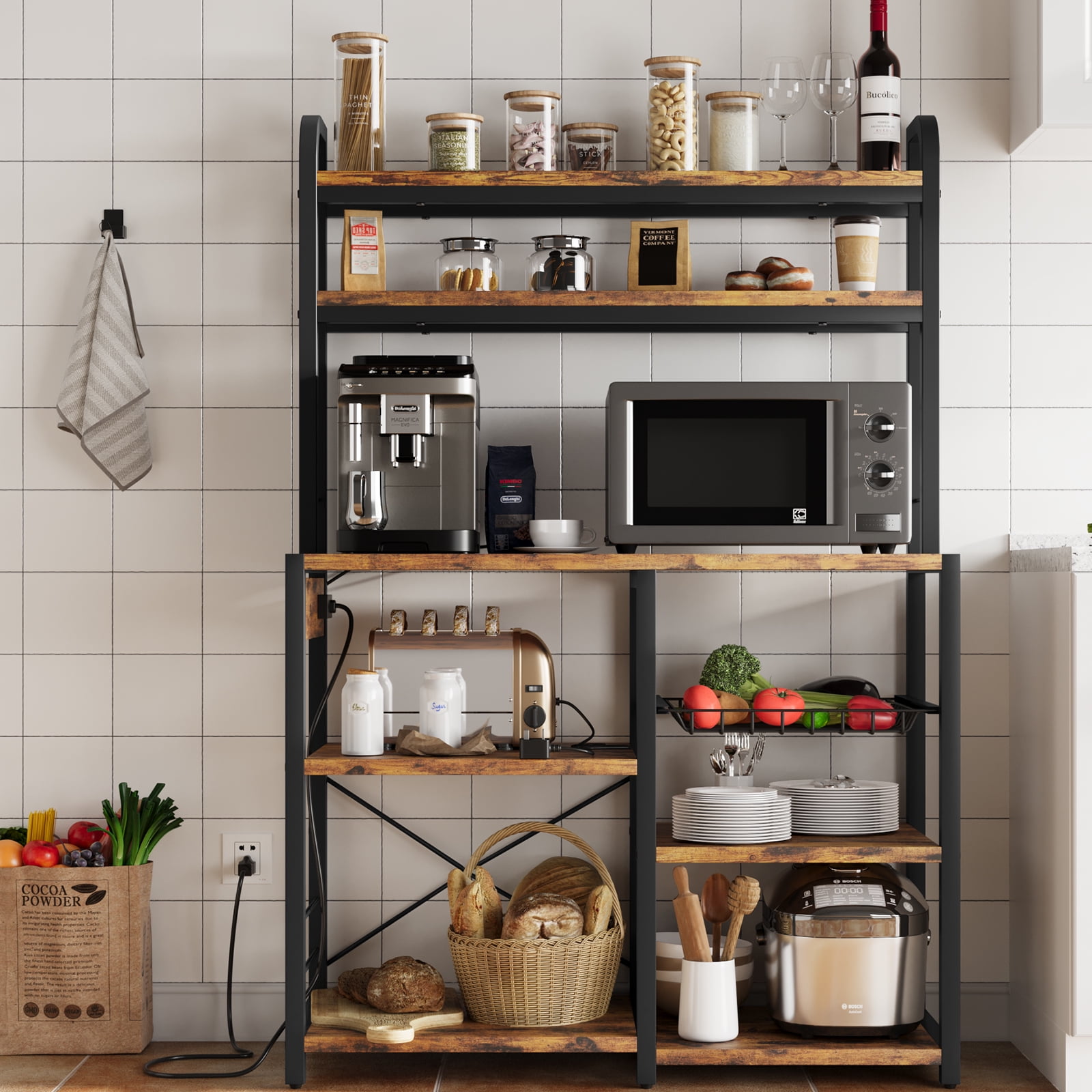 Retro Brown Adjustable 6-Tier Freestanding Bakers Rack with Power Outlet