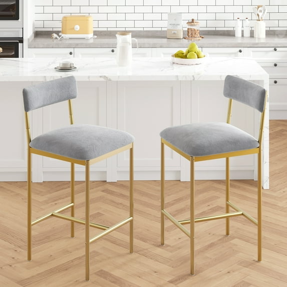 Yartaka Bar Stools Set of 2, Kitchen Bar Stools with Footrest, 25.5 Inches Upholstered Bar Chairs with Back, Counter Height Barstools for Counter Bar, Island, Gold
