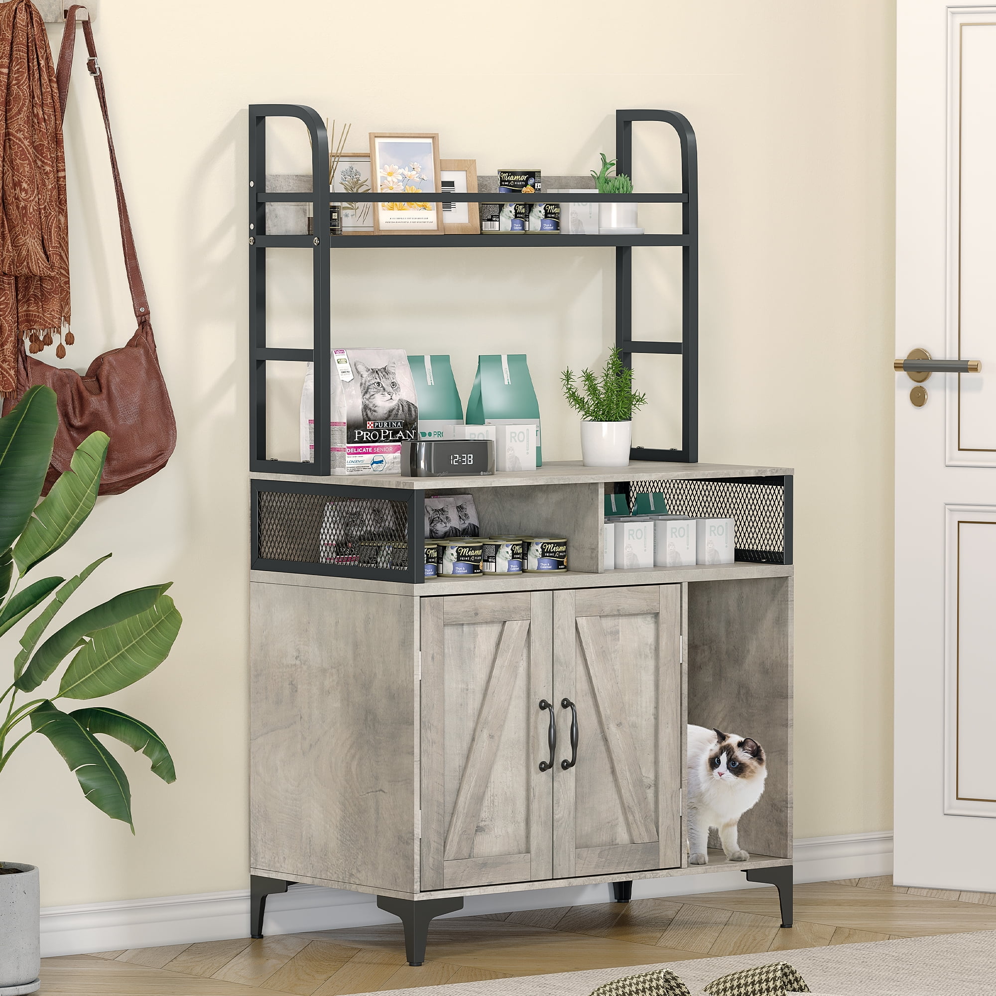 Gray MDF and Iron Cat Litter Box Enclosure with Shelves