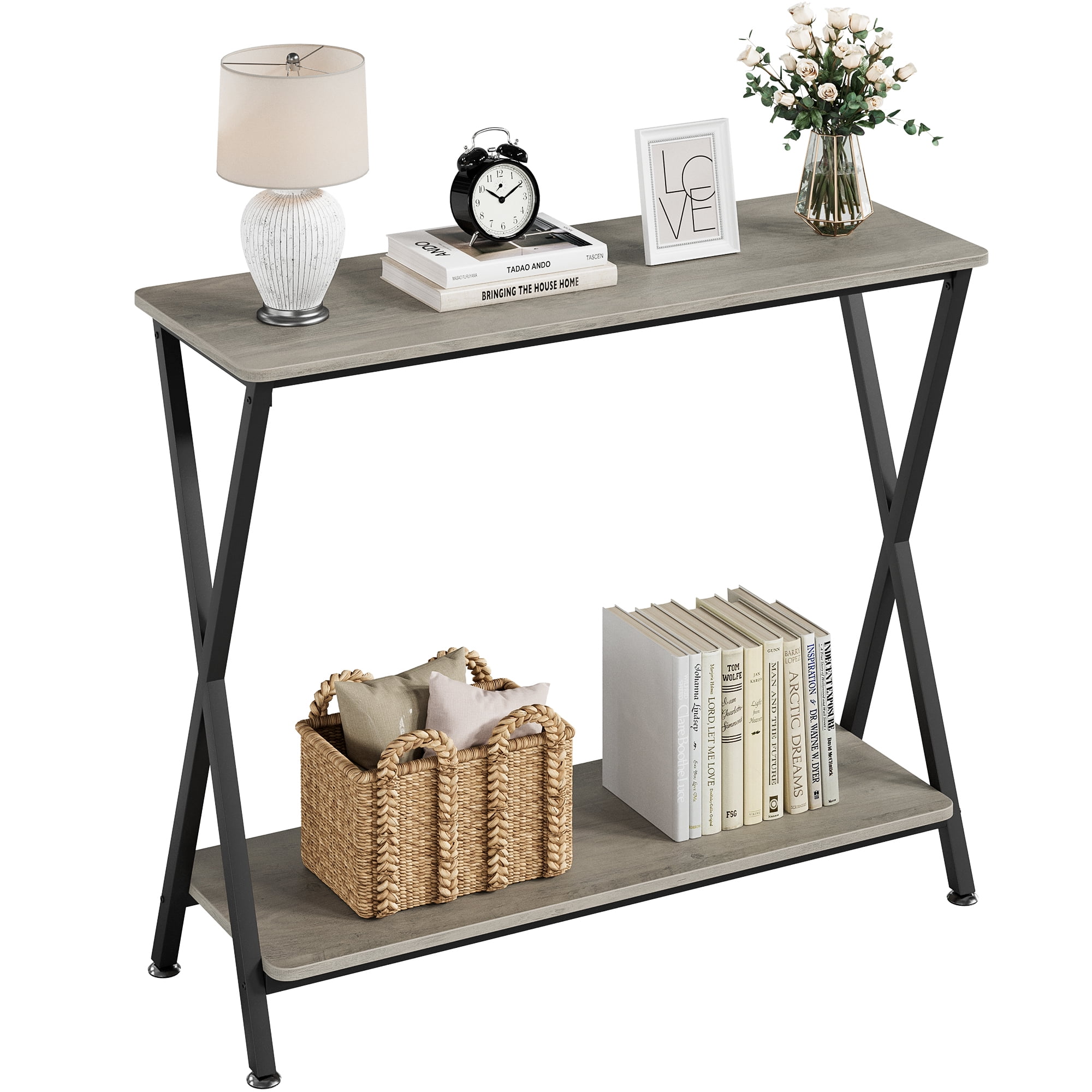Black MDF and Metal Console Table with Storage Shelves