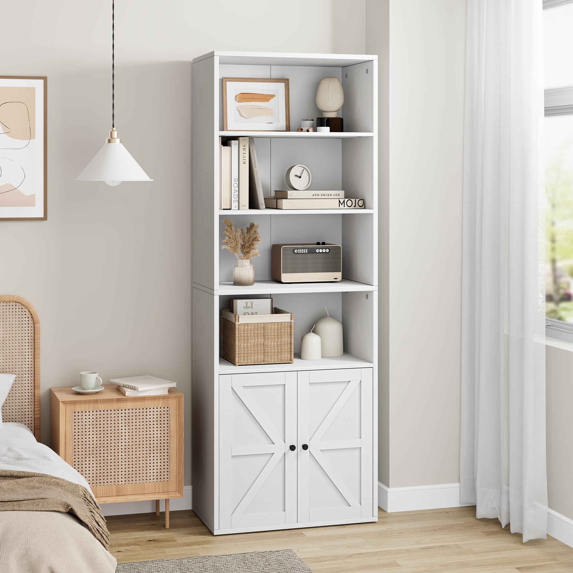 Yartaka Farmhouse Storage Cabinet, 6 Shelf Bookshelf, Bookcace, Pantry