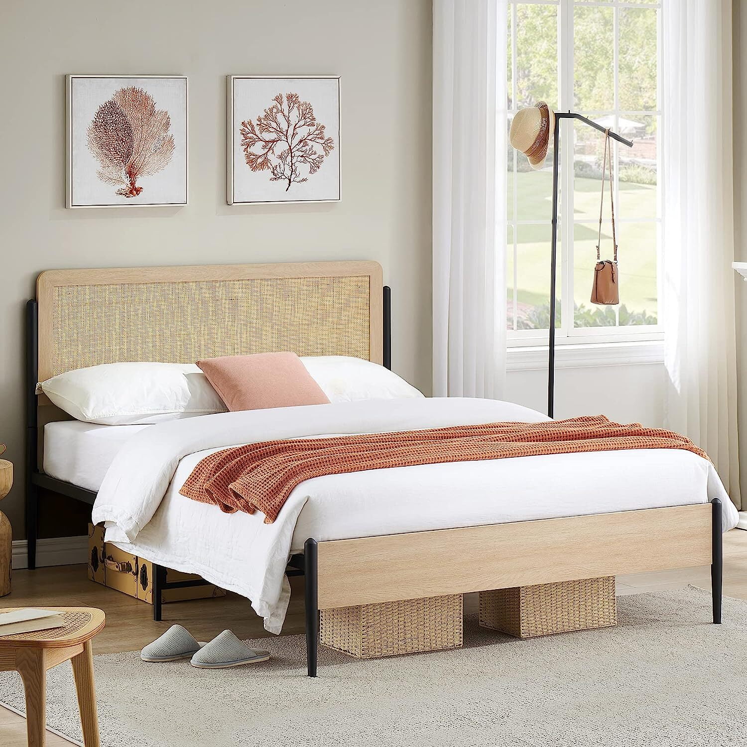 Full Size White Oak Metal Frame Bed with Rattan Headboard