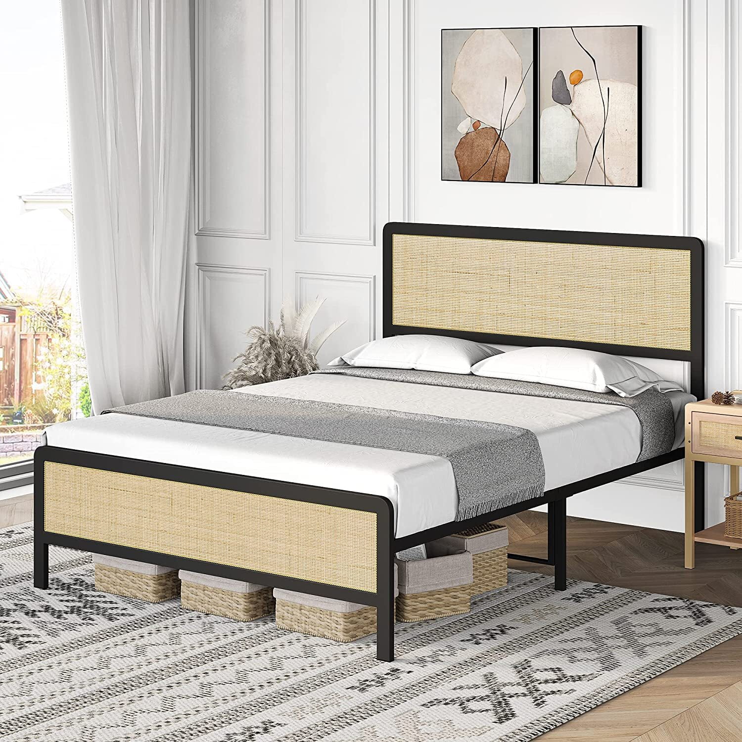Yartaka Full Size Metal Bed Frame with Rattan Headboard and Footboard