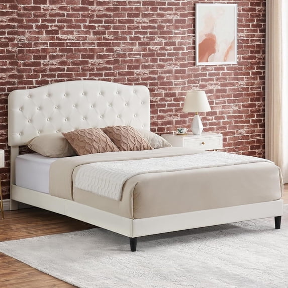 Yartaka Full Size Platform Bed Frame, Fabric Upholstered Bed Frame with Diamond Button Tufted Headboard, Adjustable Headboard, Wood Slat Support, Mattress Foundation, White