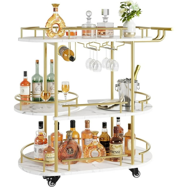 Yartaka Gold Bar Cart, 3 Tier Bar Carts for The Home, Rotated Bar Cart
