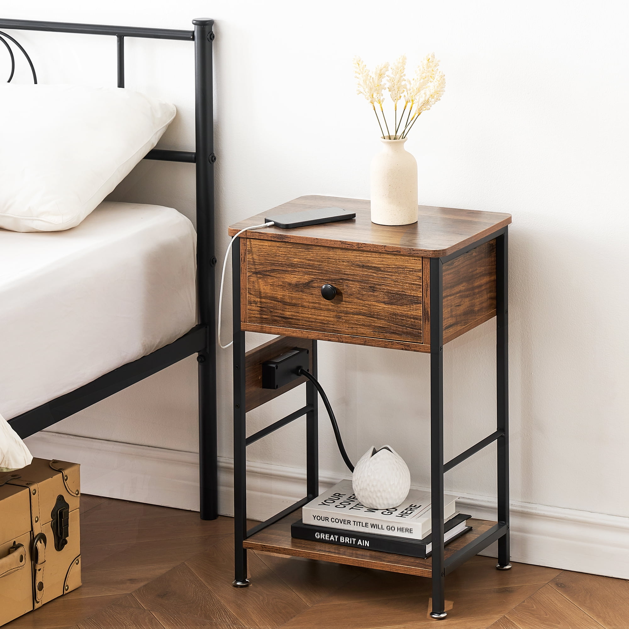 Yartaka Nightstands with Charging Station Wood End Table Side Table