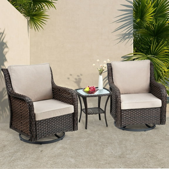 Yartaka Outdoor Swivel Rocker Patio Chairs Set, 3 Piece Wicker Patio Bistro Set with Premium Cushions, 2Pcs Chairs and 1Pcs Matching Side Table (Beige)