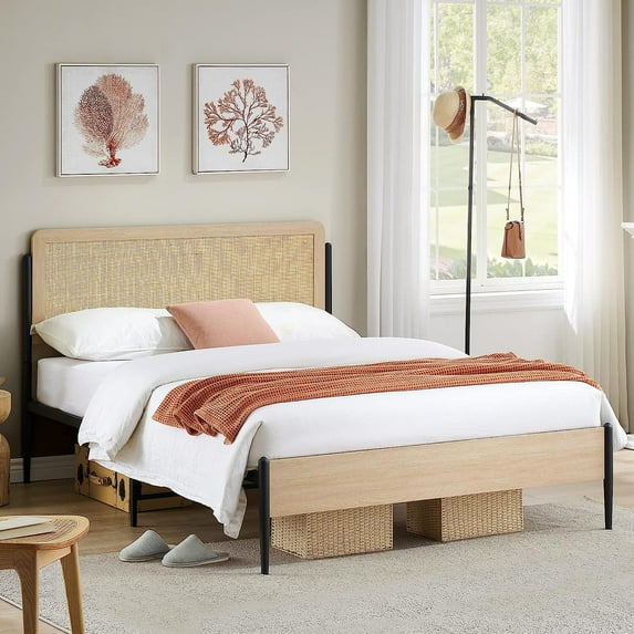 Yartaka Queen Size Metal Bed Frame with Rattan Headboard and Footboard, Platform Bed Frame with Safe Rounded Corners, Under Bed Storage, Strong Metal Slat Support, No Box Spring Needed