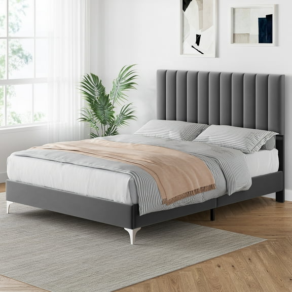 Yartaka Queen Velvet Upholstered Bed Frame with Vertical Channel Tufted Headboard, Grey