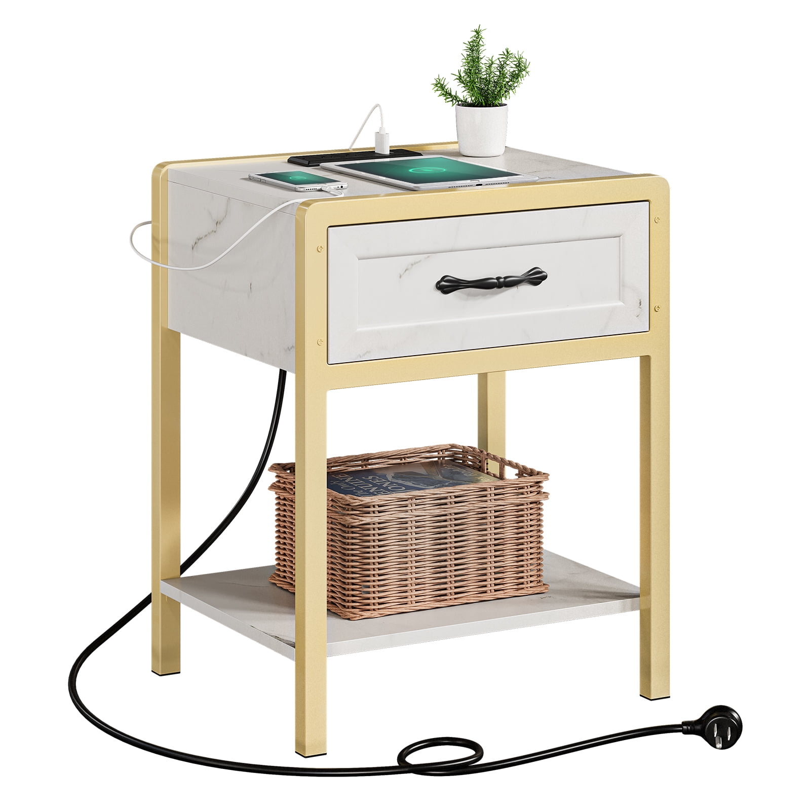Yartaka White and Gold Nightstands with Charging Station and Storage