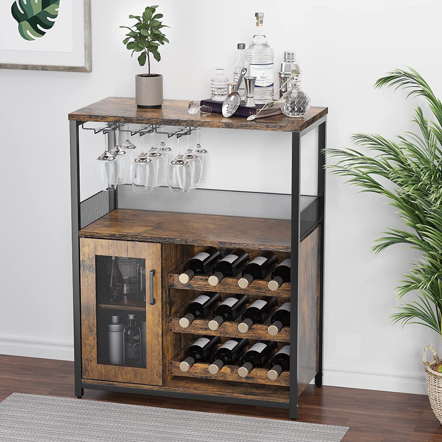Rustic Brown Iron and Wood Home Bar Cabinet with Glass Holder