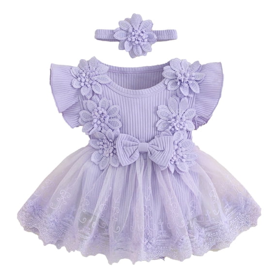 Yartina Baby Girls Lace Romper Dress Fly Sleeve Ruffle Jumpsuit Tutu Dress with Headband Lavender 80